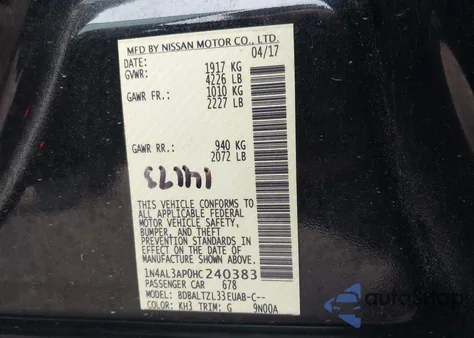 2017 Nissan Altima 2.5 Sl z USA, uszkodzony, nr VIN 1N4AL3AP0HC240383